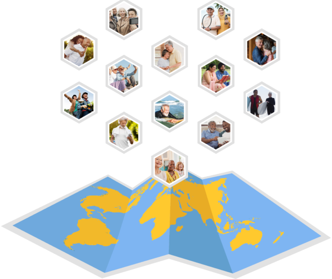 Images of people on top of world map