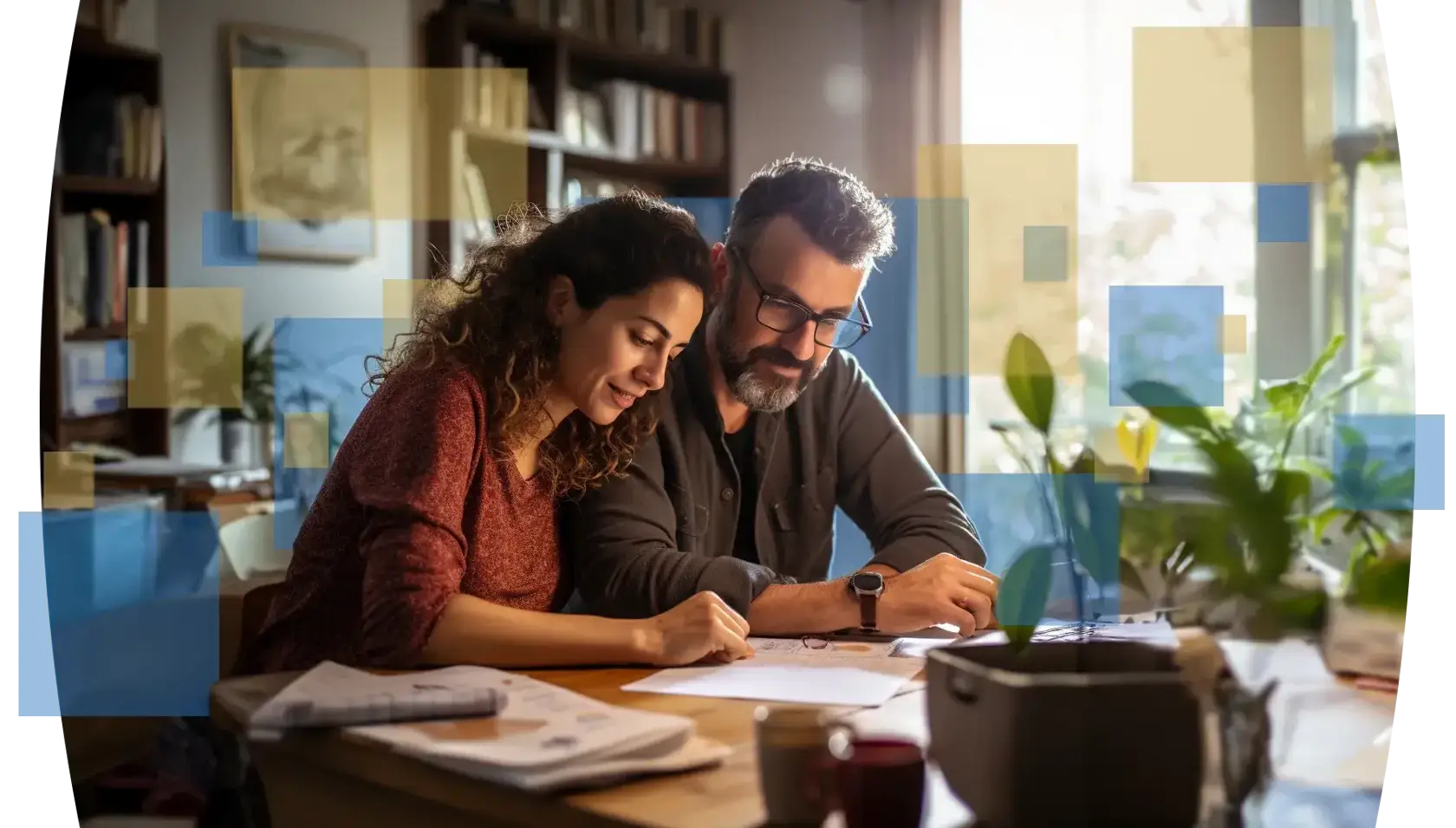 Man and woman couple analyzing papers on desk