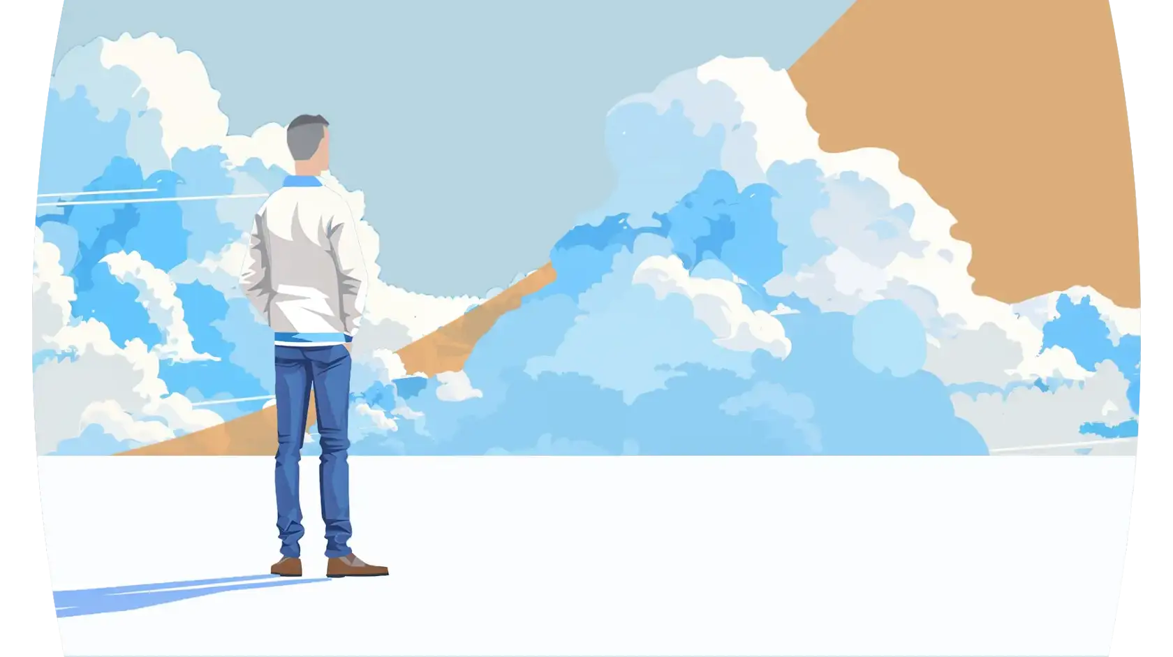Illustration of a person standing on white surface looking at clouds