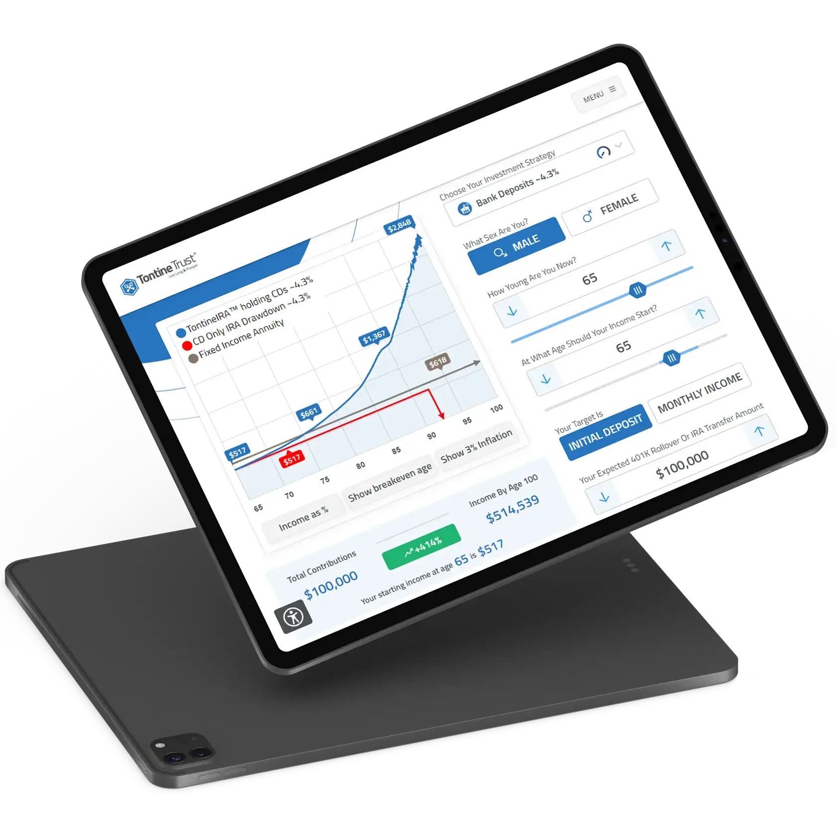 Mockup of two iPads with Tontinator on screen.