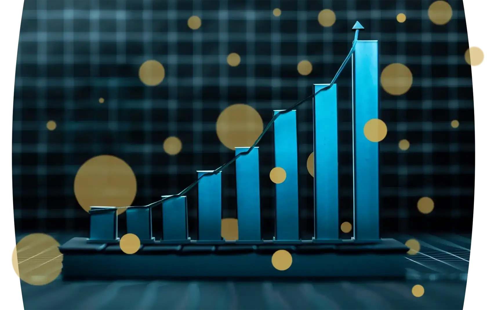 A 3D bar graph with increasing bars culminating in an upward-pointing arrow, set against a dark background with golden circles