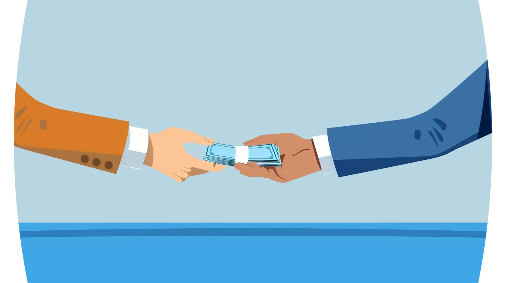 Illustration of two hands in a handshake, exchanging a stack of banknotes, against a gradient blue background
