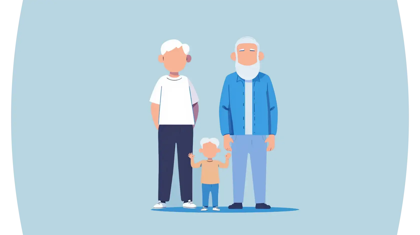 Illustration representing two grandparents and a grandchild in the middle against a grey background