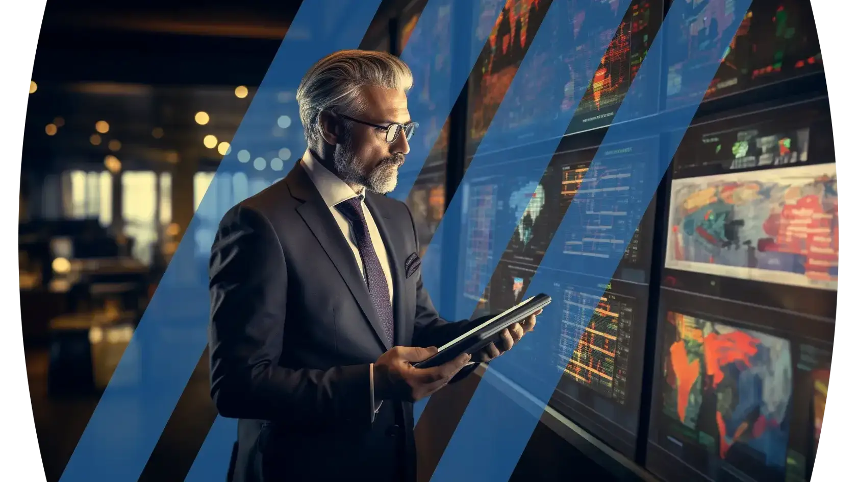 Businessman with a tablet in his hands looking at wall of displays with all kinds of metrics and world maps