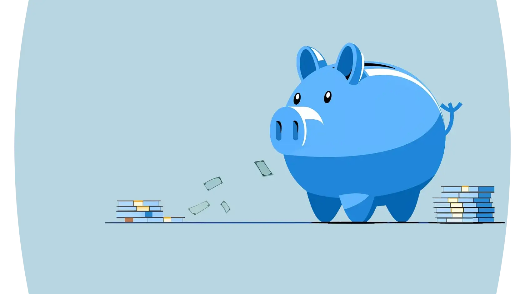 Illustration of a piggy bank and few cash piles on a flat surface against a light blue background