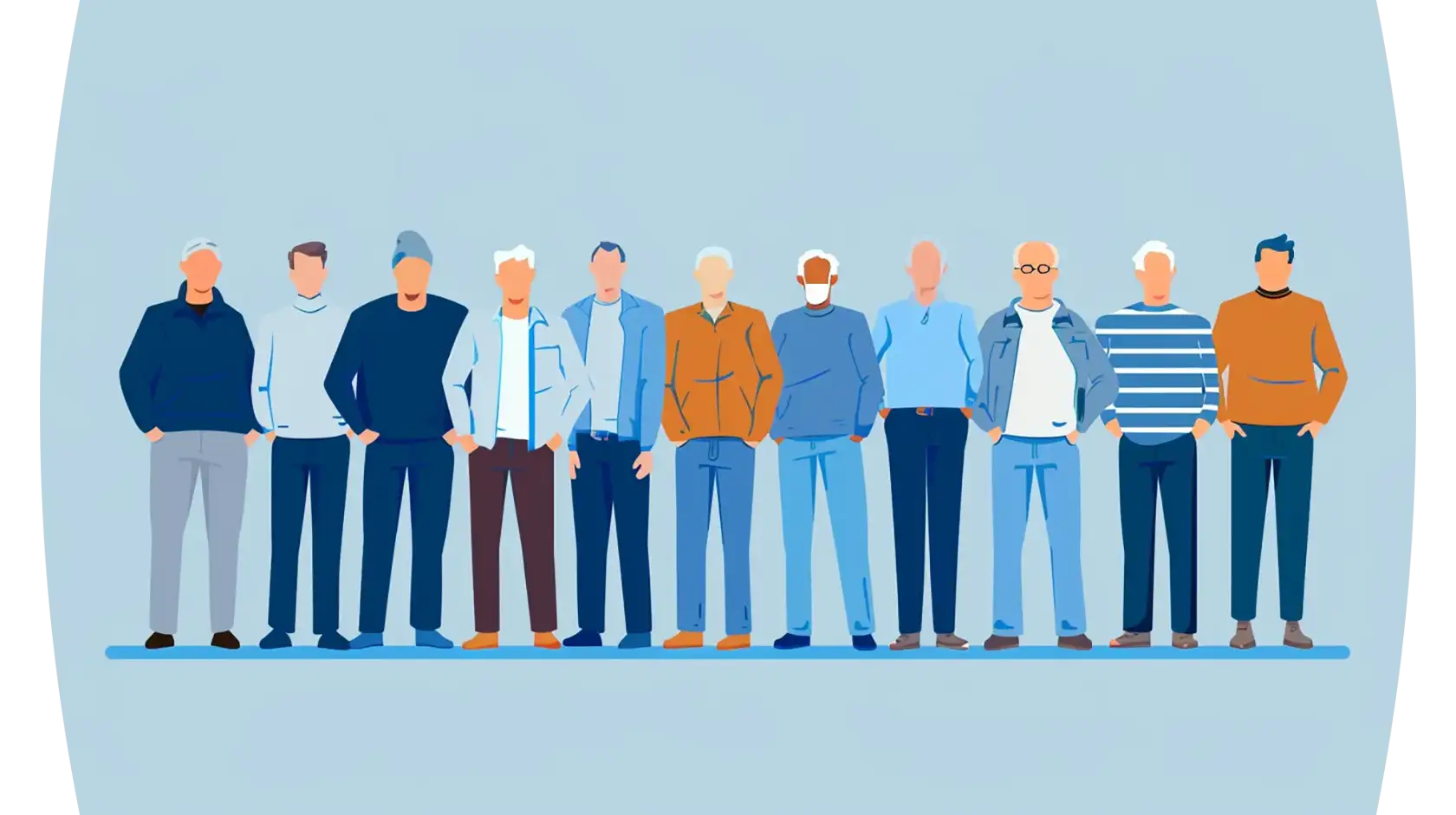 Illustration of eleven stylized male figures in casual attire, standing side by side against a plain background